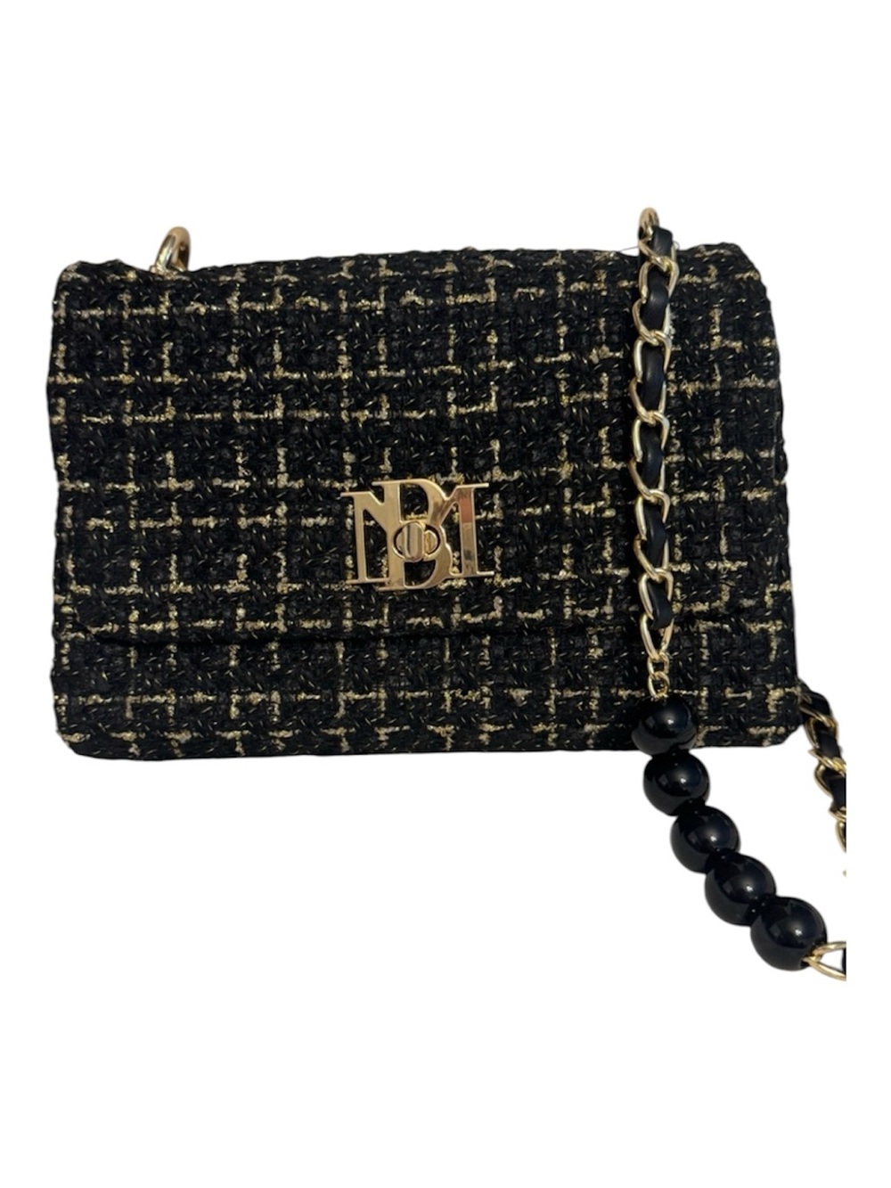 NWT Badgley Mischka Black &Gold Tweed Faux Pearl accents Crossbody-$149